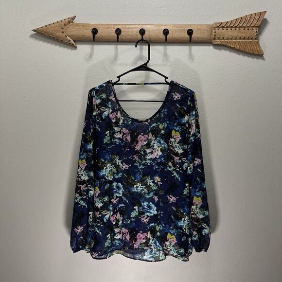 Charming Charlie | Navy Blue Floral Print Chiffon Long Sleeve Top Large Prairie - Picture 1 of 5
